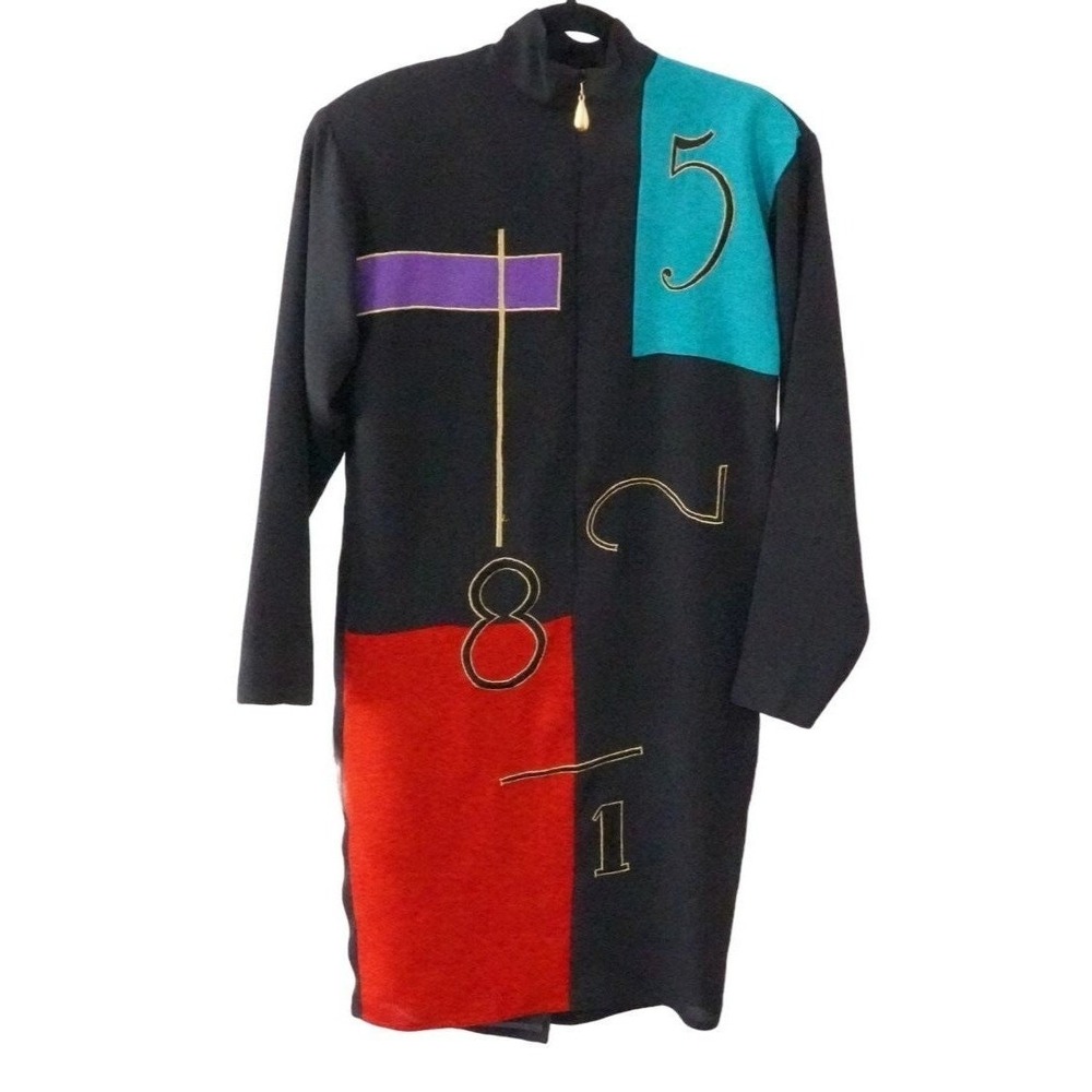 80s Adam Douglass Adrianna Papell Shift Dress Women 4 Black Colorblock Abstract